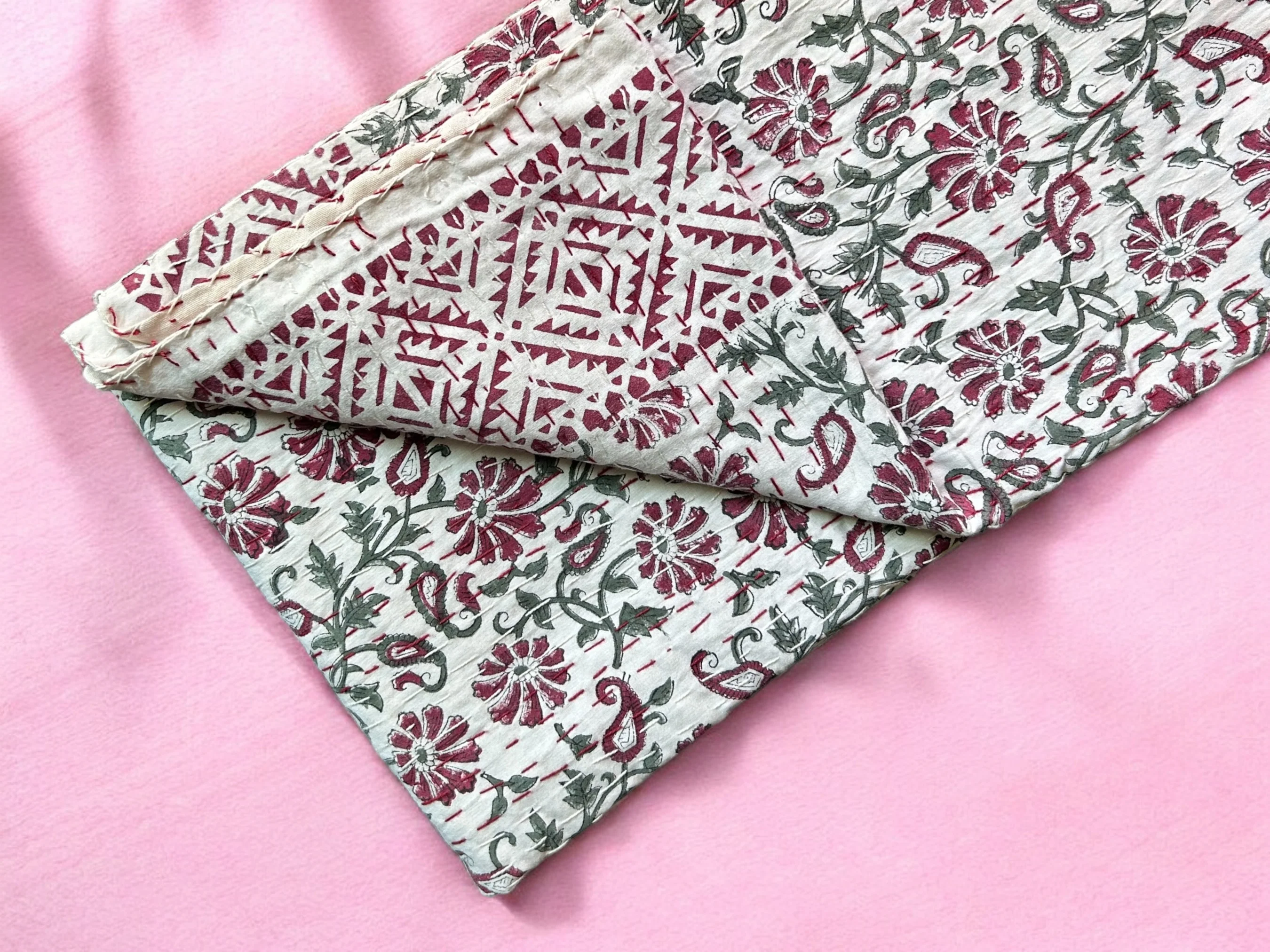 Vine Floral Block Printed Kantha Bedspread - Image 5